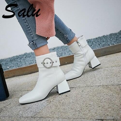 Salu New Med Heels Ladies Dress Shoes Square Toe Women Ankle Boots Elegant Work Casual Shoes Woman Large Size 43