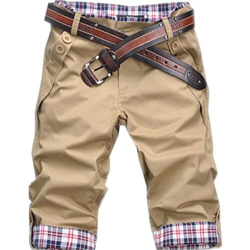 Summer Beach Casual Men Plaid Patchwork Turn Up Cuff Shorts Fifth Pants Trousers