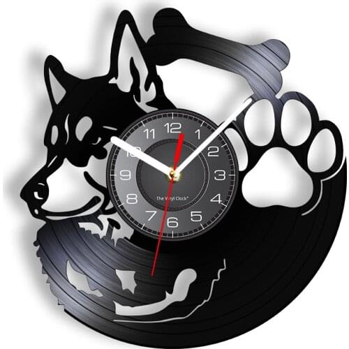 Siberian Husky Vinyl Music Record Wall Clock Huski Puppy Dog Pets Art Modern Design Retro Album Clock Wall Watch Dog Lover Gift