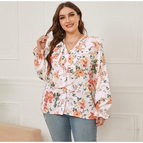 2021 Fashion Women Summer Blouse Shirt Plus Size Elegant Ruffles V Neck Floral Print Casual Blouse Large Size Ladies Tops