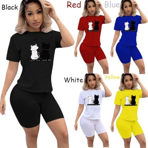 Womens Solid Color Casual Short Sleeve Tee Shirts+Cat Print Shorts Two Piece Sets pantalones cortos de mujer Tracksuit Outfits