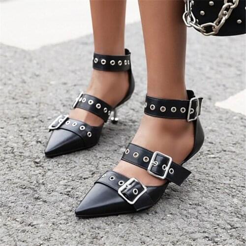 PXELENA Rome Punk Rivet Buckle Women Gladiator Sandals High Heels Pointed Toe Cut Out Gothic Party Nightclub Shoes Lady Large Sz
