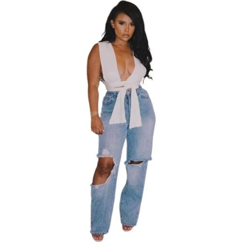 Summer 2021 Fashion Hole Blue Loose Cotton Jeans for Women Casual Denim Wide Leg Pants Trousers Ddlg Pantalones Vaqueros Mujer