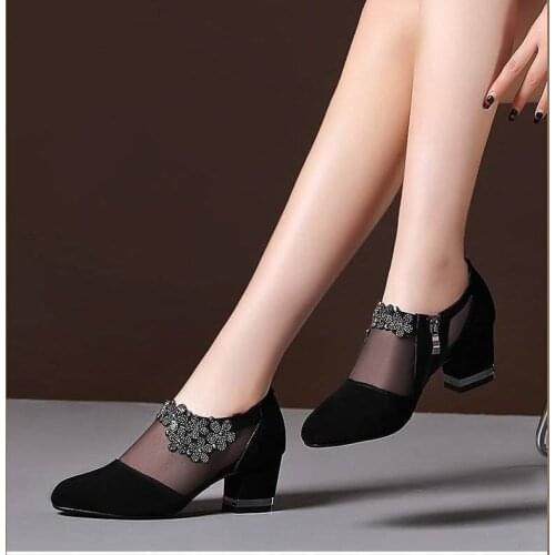 SONDR Woman High Heels Shoes Party Mesh Ladies Party Lace Classics High Heels Crystal Zipper Crystal Solid Platform Sandals