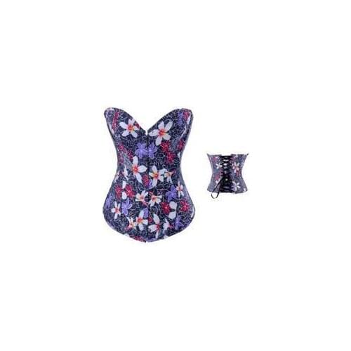 Womens Corset Overbust Blue Flower Printed Boned Corsets And Bustiers Free Shipping