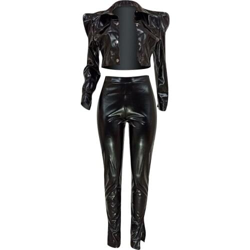 2021 Clothing Spring And Autumn New Popite Fashion Casual Pu Single Breasted Jacket Suit Two-Piece Set Women