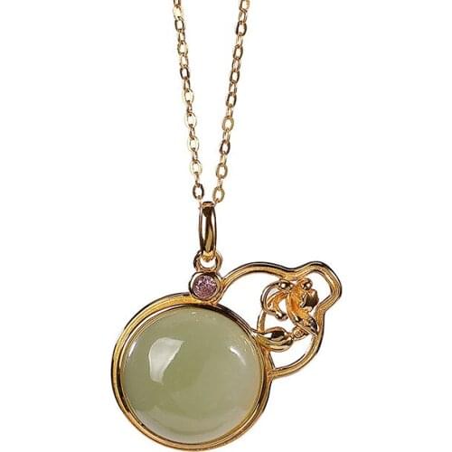 S925 sterling silver gold-plated Hetian gray jade pendant vintage dignified hollow gourd womens necklace pendant