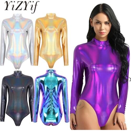 Women Dance Leotard Bodysuit Costume One-piece Shiny Metallic Gymnastic Turtleneck Long Sleeves Bodysuit Jumpsuit Clubwear Women