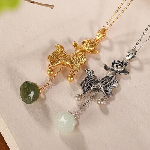 S925 sterling silver gold plated Hetian jade gray jade pendant vintage Lotus seedpod Lotus lotus leaf tassel womens pendant