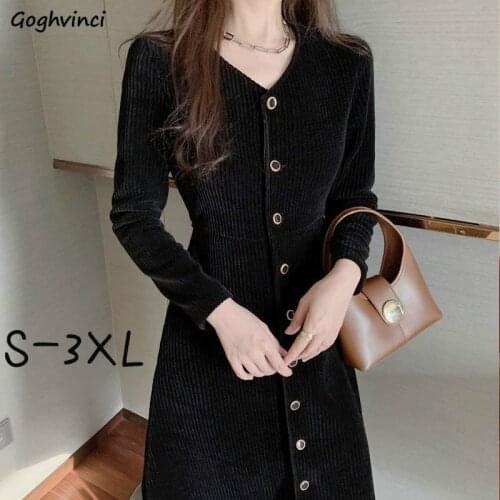 Women Long Sleeve Dress Oversize S-3XL Single Breasted V-neck Mid-calf Length Black Retro Designed Leisure Sexy Elegant New Chic