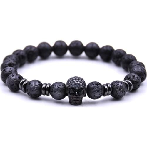 2021 Luxury Skull Mens Bracelet Vintage 8mm Lava Stone Pave Zircon Stranded Wire Bracelet Mens Jewelry Gift