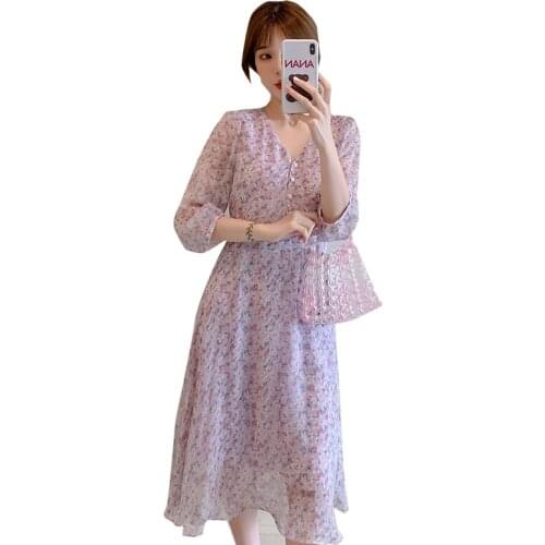 311# Maternity Dress Spring Autumn V Neck Chiffon Long Sleeve Loose Stylish Dress for Pregnant Women Mom Dress