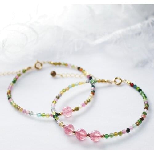 Natural Tourmaline Strawberry Crystal Beads Bracelet Thin 14K Gold Filled Strand Bracelets for Women Fashion Jewelry YBR259