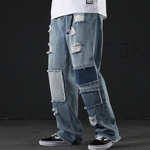 Mens Vintage Washed Hip Hop Loose Fit Ripped Patch Work Casual Wide Denim Harajuku Jeans Pants Urban Dad Style Trousers Unisex