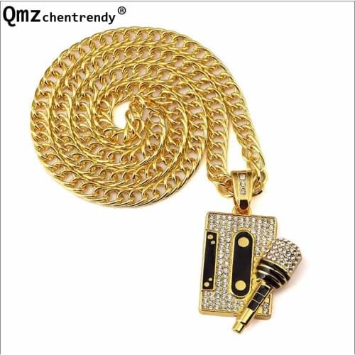 Hip Hop Bling CZ Crystal Nightclub DJ Microphone Tag Pendant Necklaces for Unisex Hip Hop Male Dog Jewelry Men women