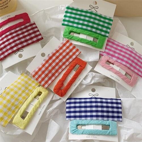 Imixlot 2pcs/set Cute Fashion Fabric Solid Color Striped Hair Clips Women Girls Unique Candy Color Hollow Square Hairpins