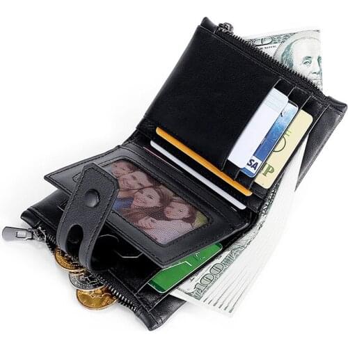 RFID Man Genuine Leather Wallet Short Wallet Multifunctional Double Zipper Vertical Coin Purse Card Holder Cion Bag Money Bag