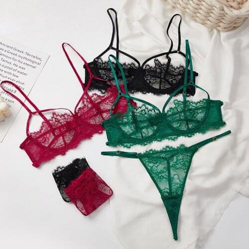 Lace triangle cup underwear set female no steel ring french bralette transparent feminine beauty back girl bra panties suit