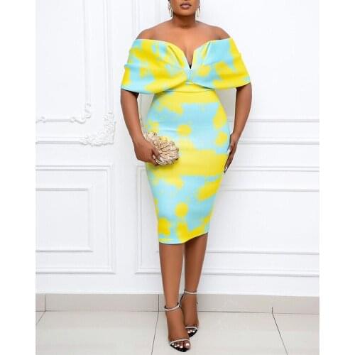 Fashion Slash Neck Women Dresses 2021 Summer Real Pictures Print Off Shoulder Short Sleeves Behind Split Bodycon Lady Dresses