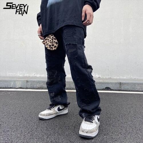 Men Hip Hop Ripped Baggy Jeans Distressed Wide Leg Streetwear Fashion Harajuku Black White Hole Denim Pants Hi Street Straight