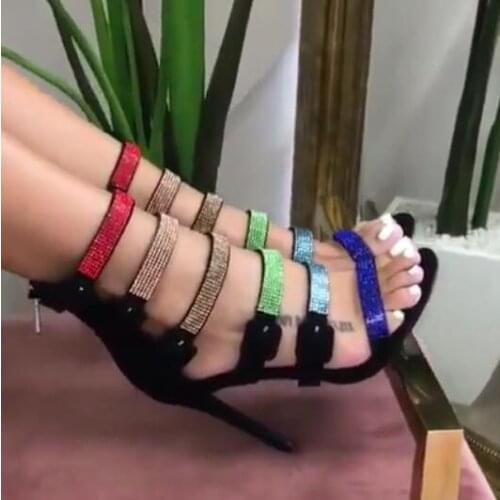 Chic Ladies Colorful Rhinestone Straps Gladiator Sandals Party Shoes Woman Thin Heels Summer Multicolor Crystal High Heels
