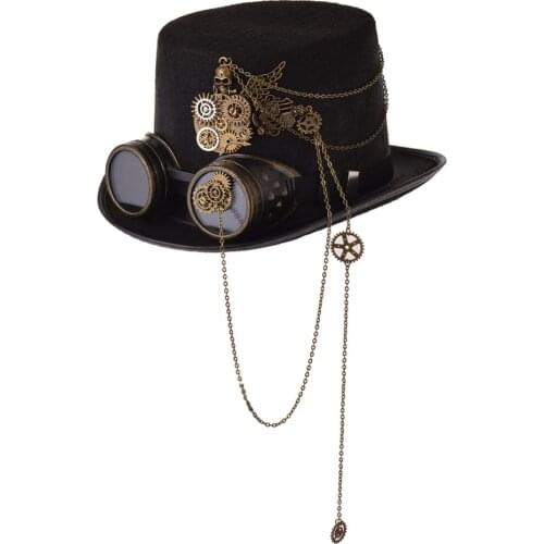 Black Fedoras Women Steampunk Gears Men Top Hat With Goggles
