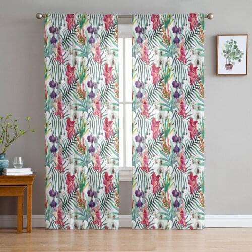 Leaf Flowers Nordic Tropical Plants Tulle Sheer Window Curtains for Living Room Kitchen Children Bedroom Voile Hanging Curtain
