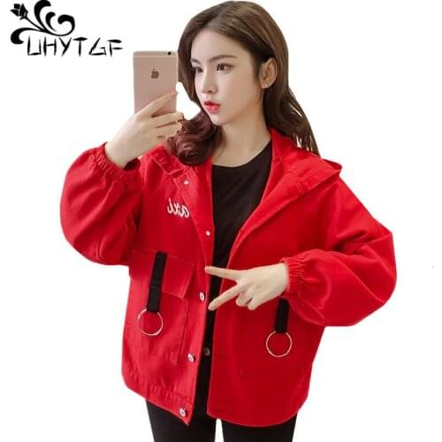 UHYTGF Womens jackets Fashion hooded spring autumn denim jacket Loose plus size outerwear female Student short jeans jacket 128