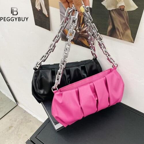 Vintage Women PU Leather Pleated Shoulder Underarm Bag Casual Ladies Solid Color Thick Chain Small Handbags Purse