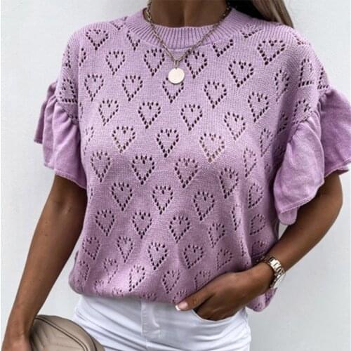 Womens Knit Tshirt Heart Hollow Out Solid Ladies Tshirts Short Ruffles Patal Sleeve Loose 2021 Elegant Spring Summer Casual Top