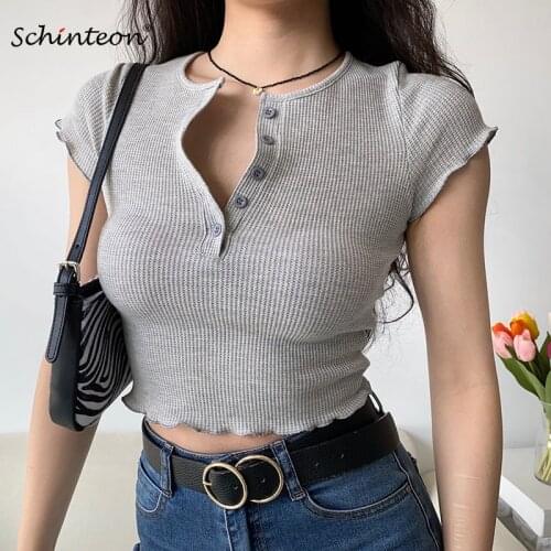 Schinteon Women T Shirt Knitted Top Solid O-Neck Collar Sexy Short Sleeved Pullover Ruffle Slim Shirt