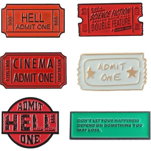 Ticket Collection Hell Admit One 666 Cinema Red Enamel Brooches Badges Lapel pins Brooches for women Female jewelry Accessories