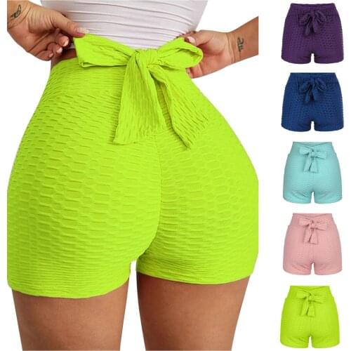 Womens Solid Color High-Waisted Bow Tie Stretchy Leggings Yoga Shorts