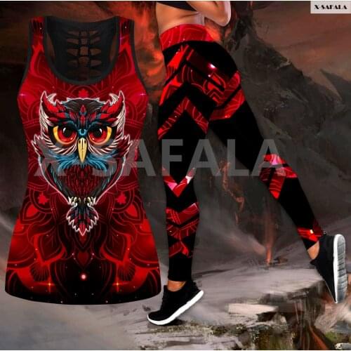 Owl Mandala 3D Printed Women Two Piece Yoga Set Vest Hollow Combo Tank Top Legging Waist Sport Fitness Quick Dry E27