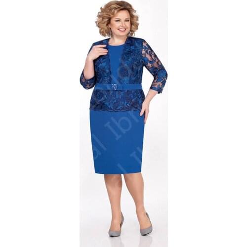 Charming Hot Sale Royal Blue Mother of the Bride Dresses Plus Size Lace Wedding Party Dresses Knee Length with 3/4 Sleeves 2021