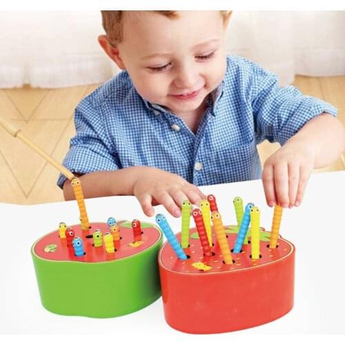 1pcs Fruit Shape Kids Wooden Toys Catch Worms Games with Magnetic Stick Montessori Early Educational Blocks Kids Interactive Toy