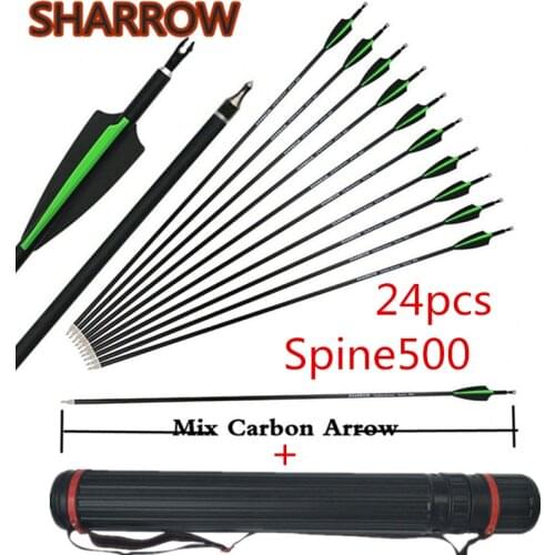 24pcs 30" Archery Carbon Arrow Spine 500 Replacement Broadhead Carbon Arrows With Arrow Quiver For Hunting Shooting Accessories
