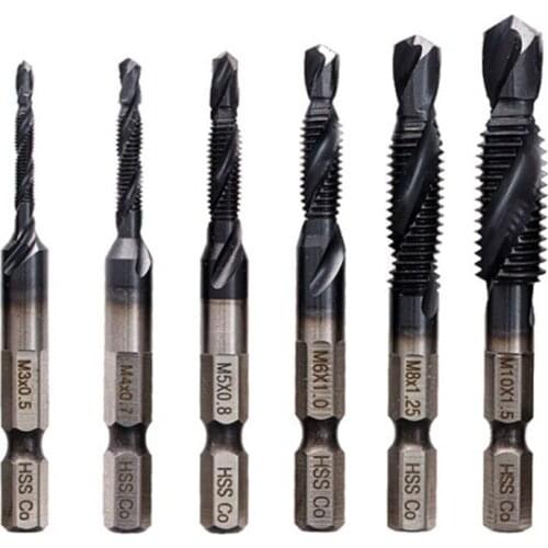 6PCS M3-M10 Screw Tap Drill Bits HRC89 Titanium-Coated HSS-CO M35 Cobalt Taps Metric Combination Bit 1/4Inch Hex