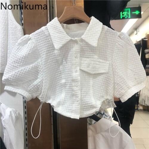 Nomikuma Elegant Drawstring Short Women Blouse Puff Sleeve Turn-down Collar Shirts 2021 Summer New Blusas Camisas De Mujer 6H228