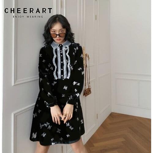 CHEERART Butterfly Velvet Winter Dress 2020 Vintage Peter Pan Collar Black Long Sleeve Classy Mini Ladies Dress Korean Fashion