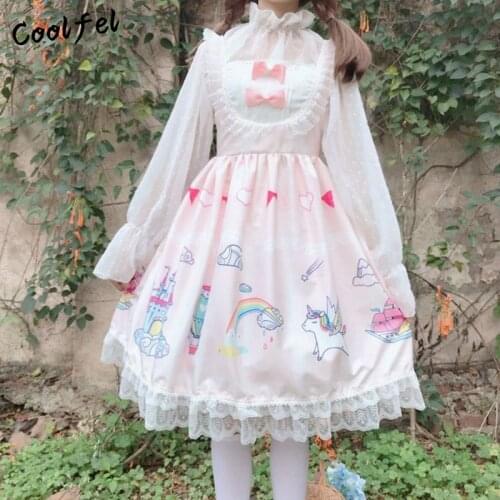 COOLFEL Gothic Sweet Princess Lolita Dress Pink Tulle Sleeves Cartoon Pattern Cartoon Pattern Dress Kawaii Dresses For Women