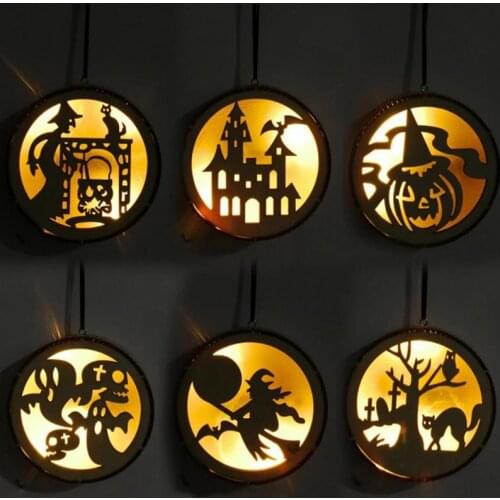 Wooden LED Lamp Witch Pumpkin Hanging Light Ornament Pendant Plaque Sign Halloween Hanging Decoration For Home Party Decoration