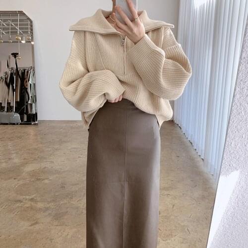 Zipper Pollover Jumpers Warm Top Neck Korean Loose Thick Knitted Solid Autumn Sweater Woman 2021 Cute Womens Winter Sweaters
