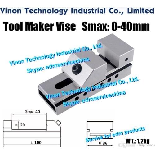 Edm Tool Maker Vise Max Open: 0-40mm (L=100,W=36,Jaw H=20), Wire Cut EDM Toolmaker Vise 1.5 inch Jaw Opening 40mm for wire-cut