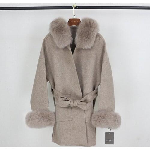 MENINA BONITA Real Fur Coat Winter Jacket Women Natural Fox Fur Collar Cuffs Hood Cashmere Wool Woolen Oversize Ladies Outerwear