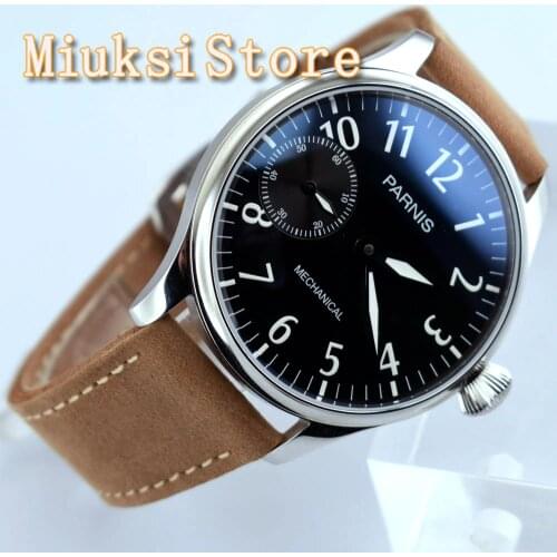 Parnis 44mm Mens Mechanical Watch Silver Case Black Dial Luminous 17 Jewelry 6497 Movement Leather Strap Mens Luxury Watch