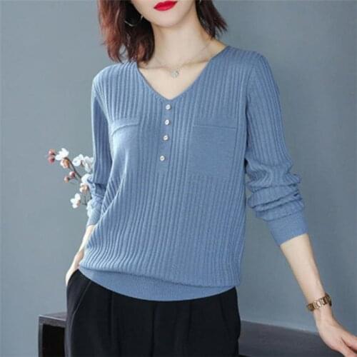 V-Neck Patchwork solid Knitted Pullover Women Casual Loose Long Sleeve Stretch Knitwear Tops Fashion Short Spring Ribbed Sweater