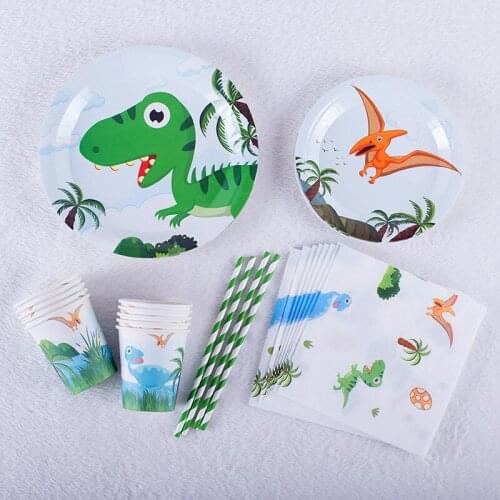 Omilut Dinosaur Party Disposable Tableware Set Cartoon Dinosaur Birthday Party Disposable Plates/Cups/Napkins Decor Supplies