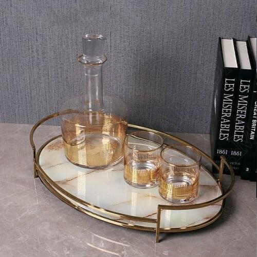 Gold-plated Frame Glass Storage Tray Marble Texture Living Room Tableware Organizer Creativity Home Bedroom Cosmetic Container