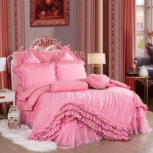 Luxury Pink Korean Princess Wedding Bedding Set Multi Layer Lace Edge Duvet Cover 1.5M 1.8M Bed Skirt Or Bed Sheet Pillowcases